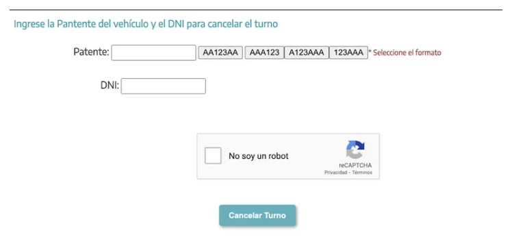 Pantalla para cancelar el turno de la VTV en Ezeiza con patente y DNI