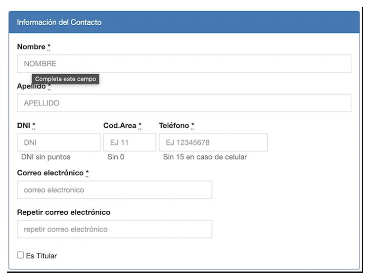 Paso 2 para sacar turno de la VTV en Ezeiza: información del contacto